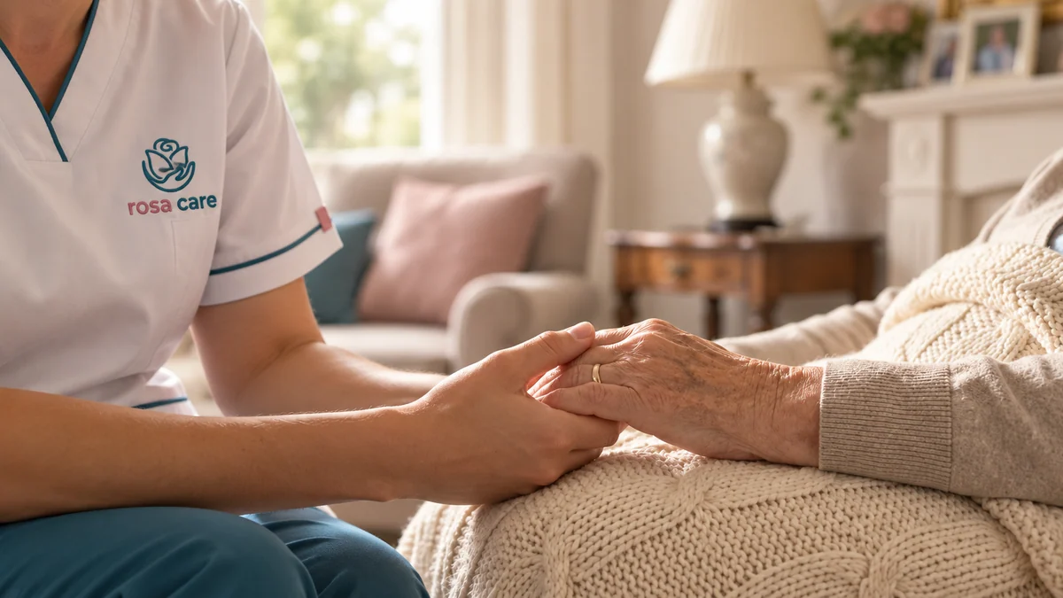 A professional wearing a Rosa Care tunic holds an older person’s hand at home.