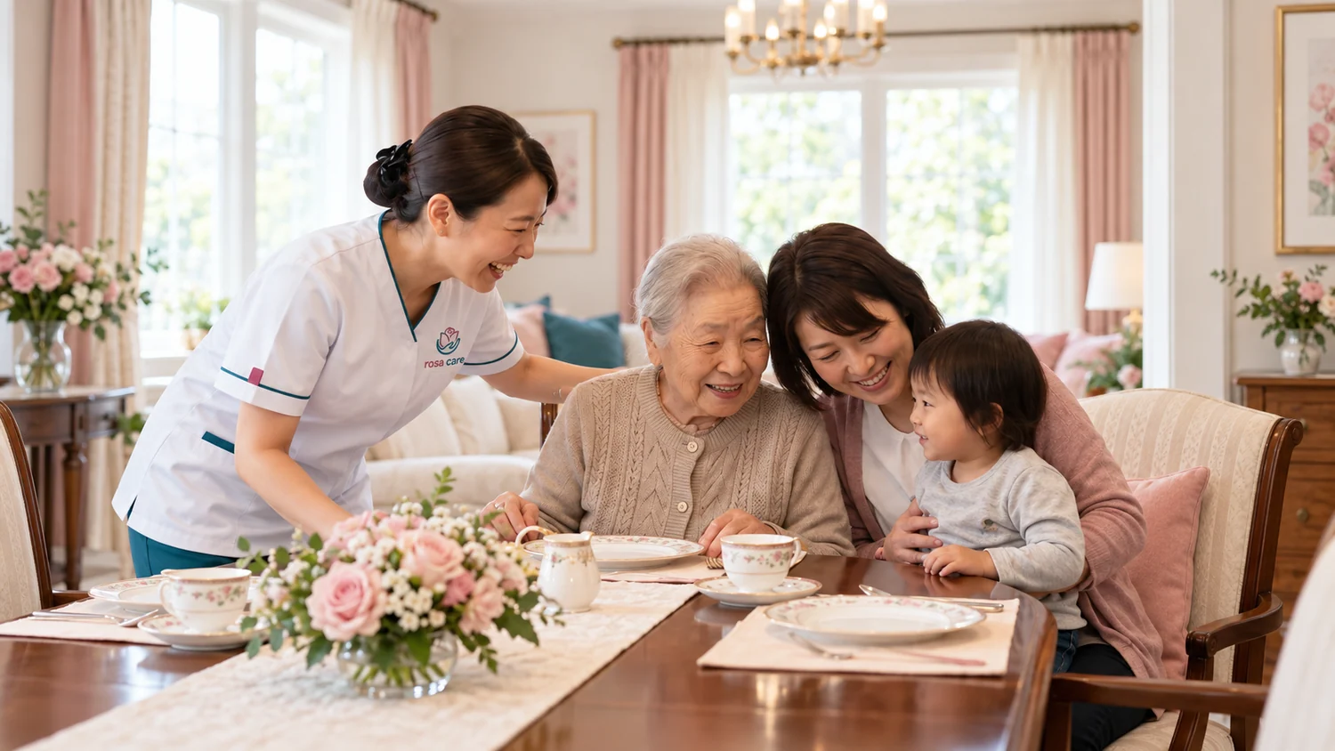 A grandmother shares a moment at the table at home with her family and a professional wearing a Rosa Care tunic.